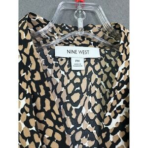 Nine West Women Petite PM Animal Print Button Down Long Sleeve‎ Blouse Tan Black